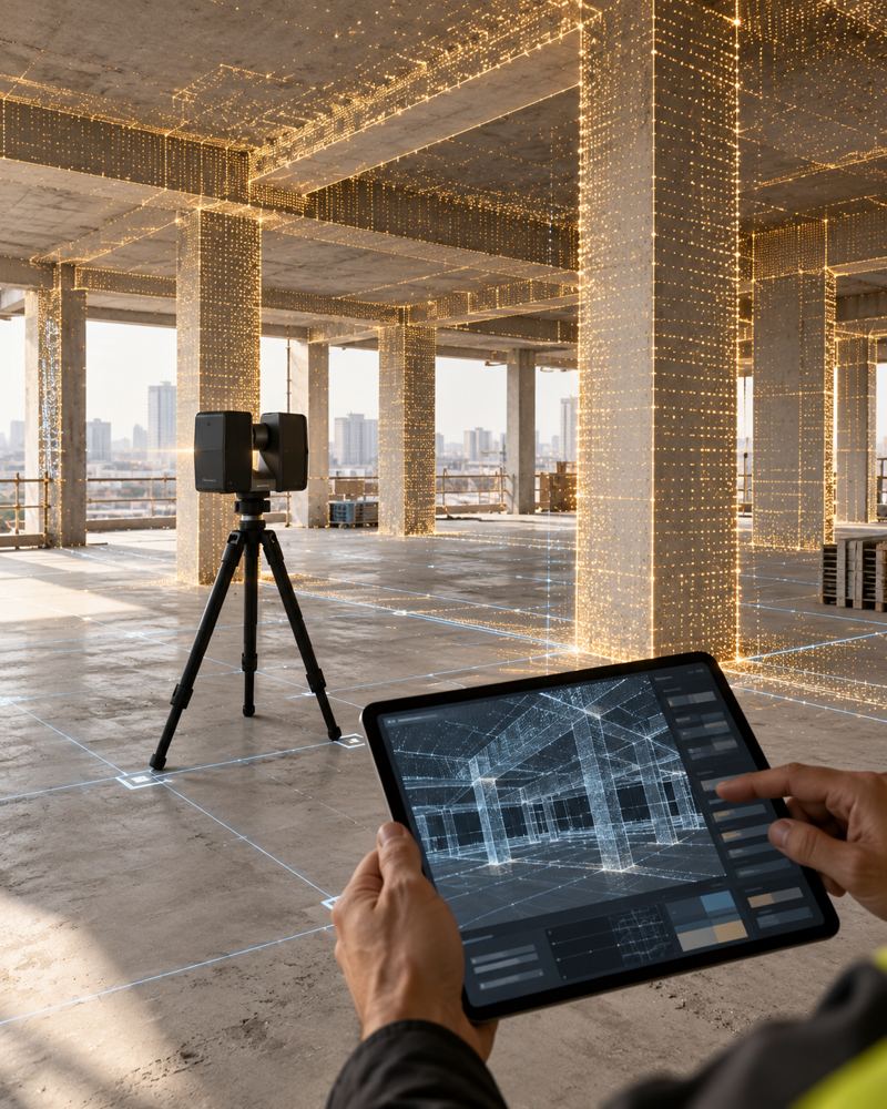 Obra em estrutura de concreto lida por scanner a laser e tablet