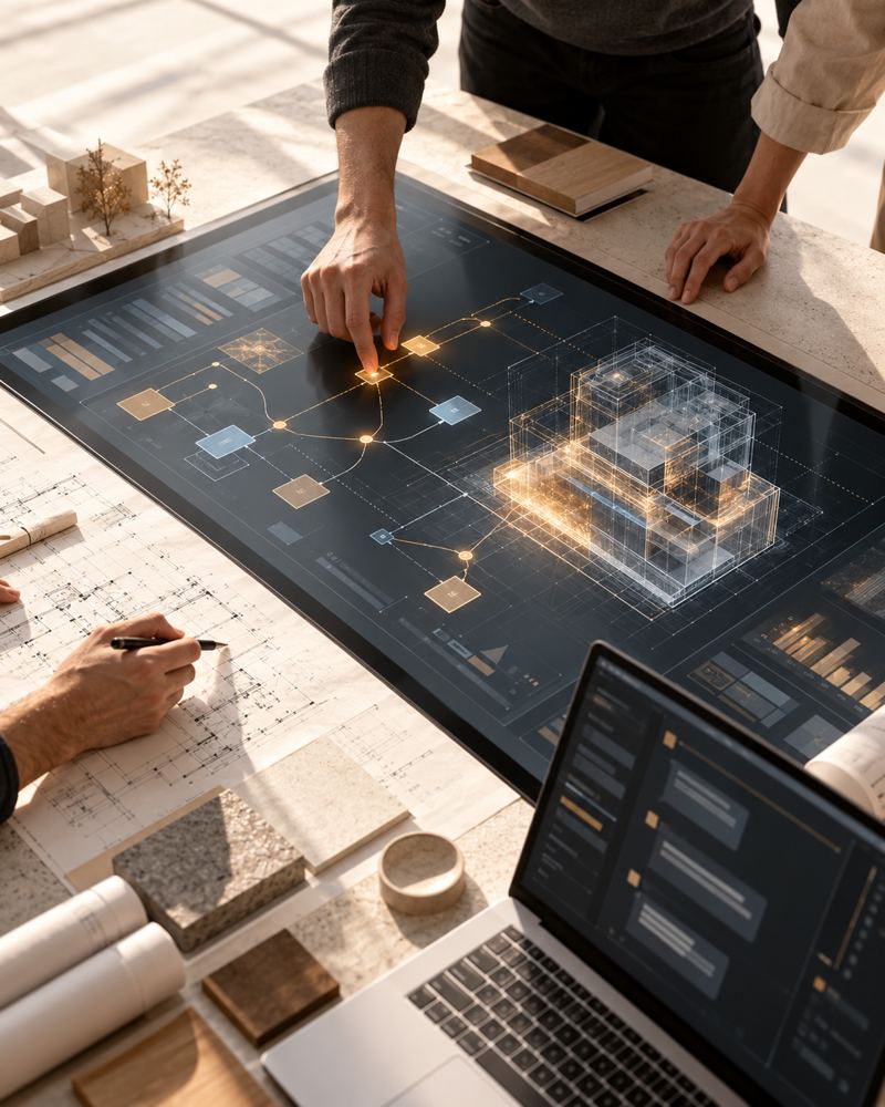Mesa interativa com mapa de processo e modelo digital, em sessão de trabalho