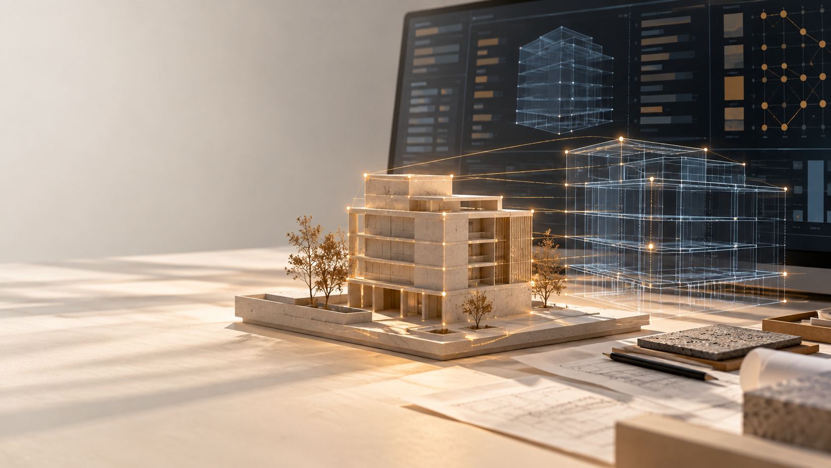 Maquete física traduzida em modelo digital, com pontos e linhas de dados