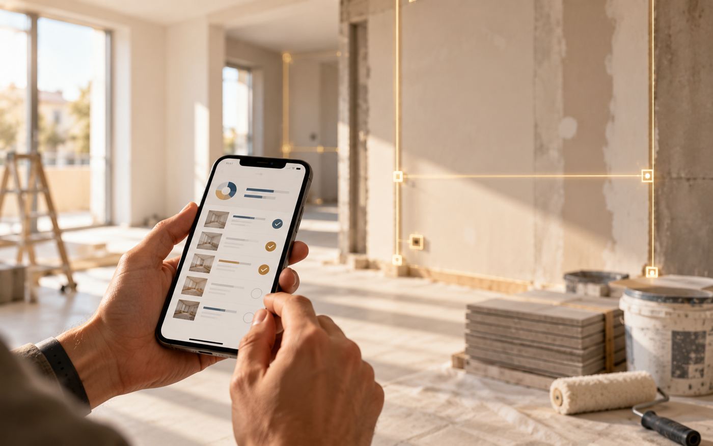 Celular com lista de verificação em apartamento em reforma