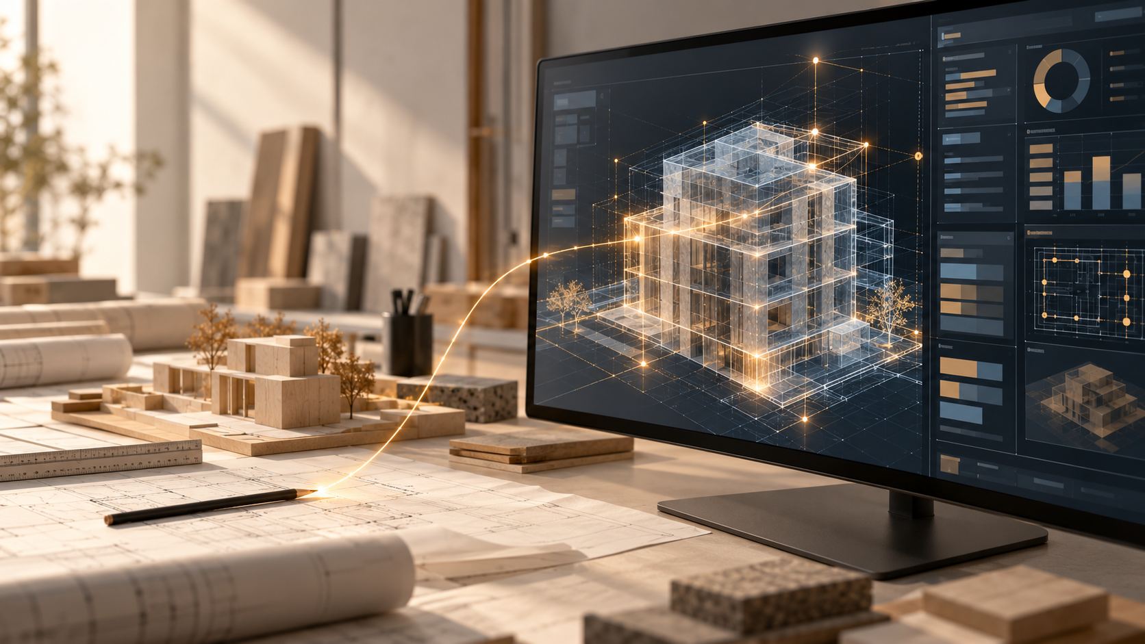 Linha de luz que leva o desenho à mão até o modelo digital na tela