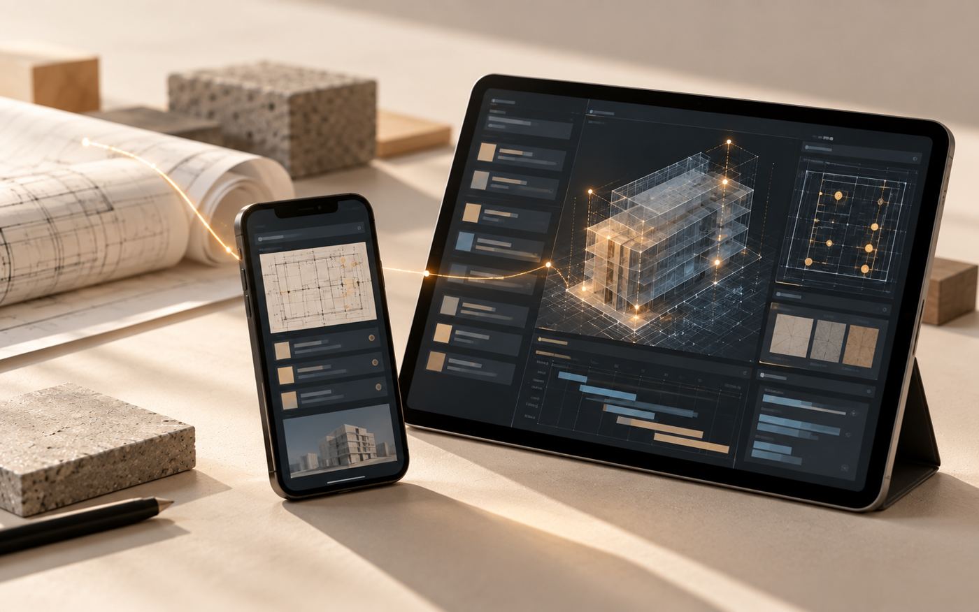 Celular e tablet com aplicativo de gestão de projeto e obra